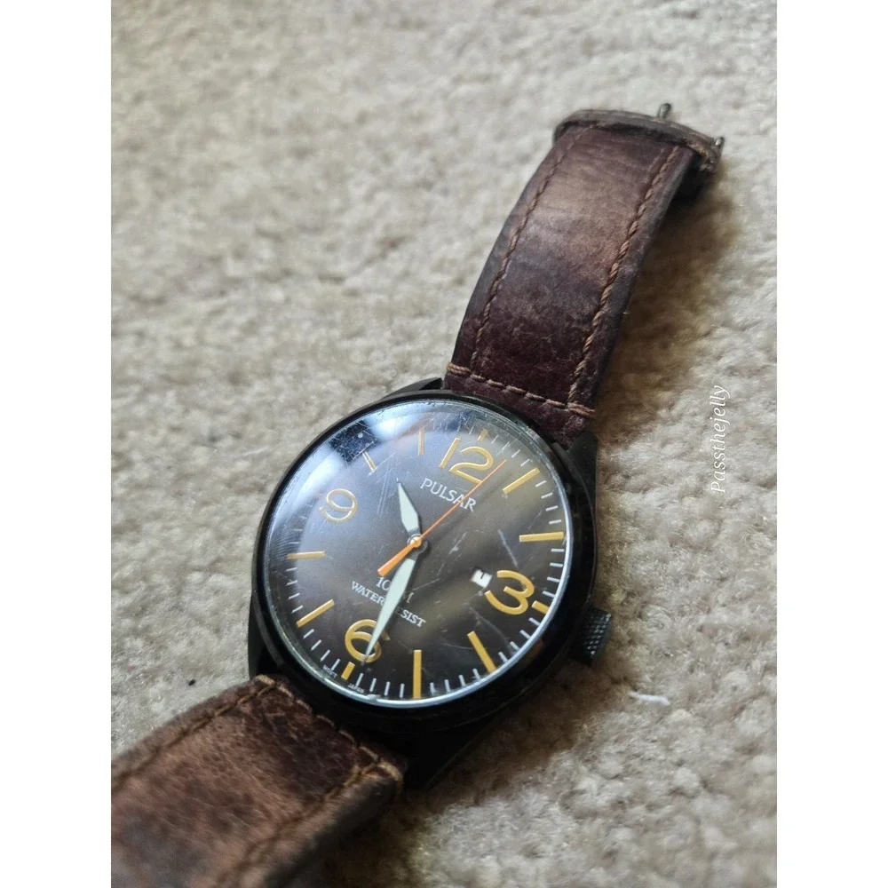Pulsar Watch Mens Black Dial Orange Accent Date Quartz Field Watch Brown Leather